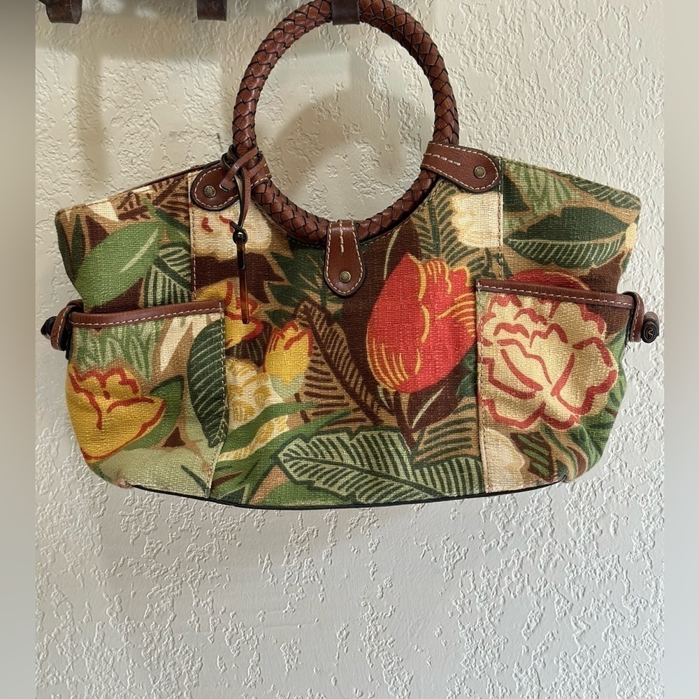 Fossil Floral Canvas Bag with Brown Accents